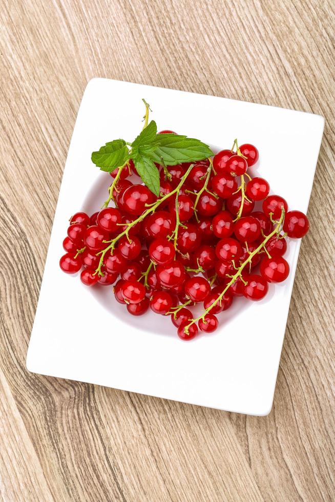 Red currants in a bowl on wooden background photo