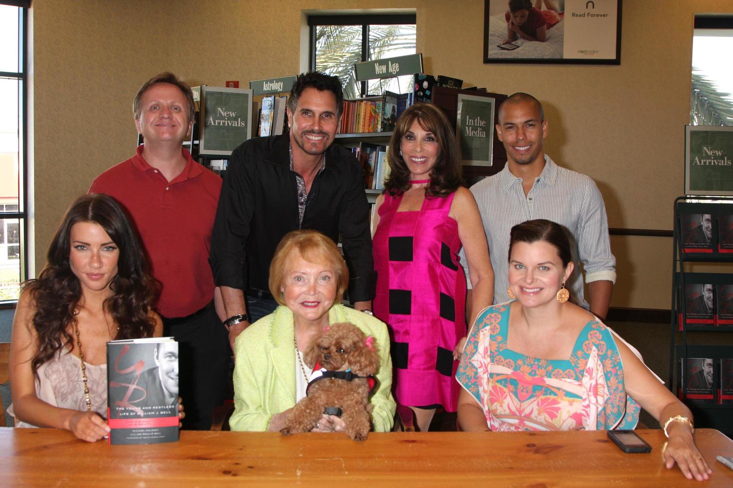 LOS ANGELES, JUL 8 - Back Row - Michael Maloneu, Don Diamont, Kate Linder, Bryton James Front Row - Jacqueline MacInnes Wood, Lee P Bell, Joy, Heather Tom at the William J. Bell Biography Booksigning at Barnes and Noble on July 8, 2012 in Costa Mesa, CA photo