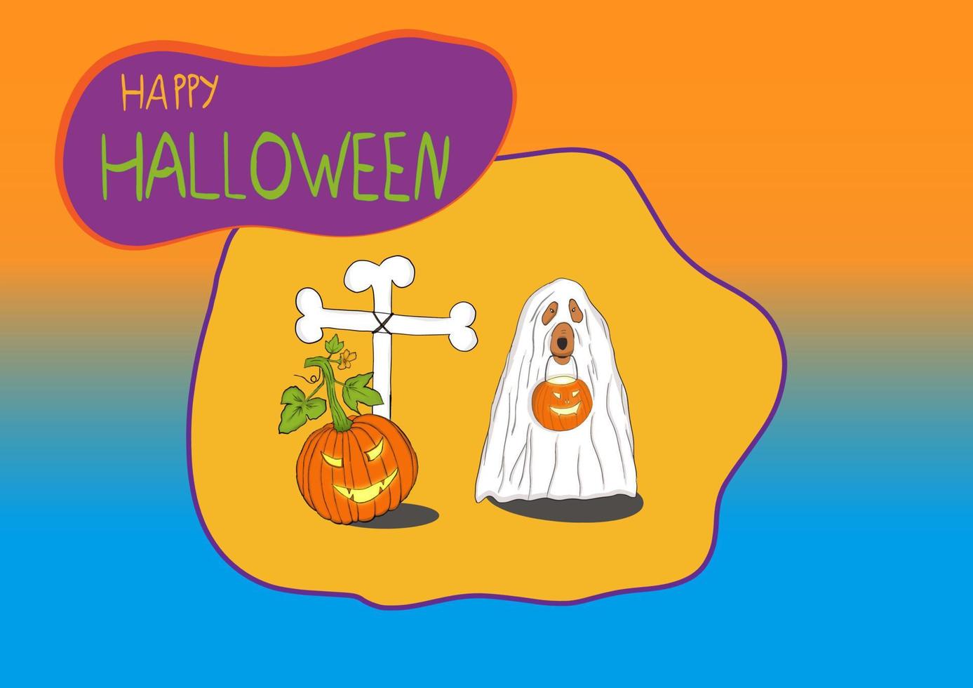 dog sit as a ghost for halloween in front with pumpkin lantern or light,Cartoon vector illustration.