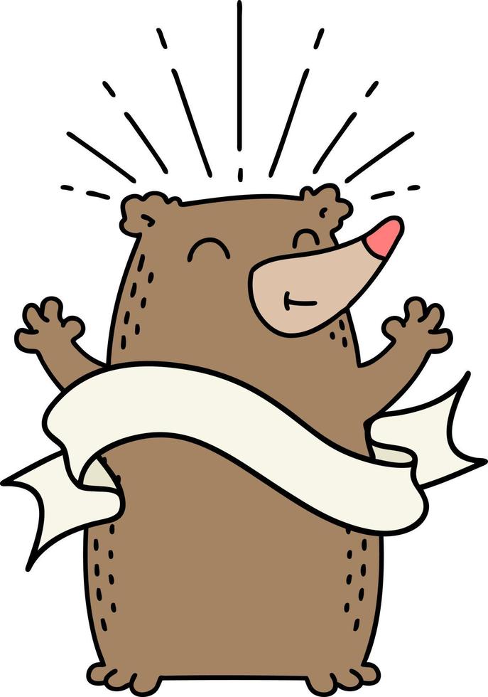 scroll banner with tattoo style happy bear vector