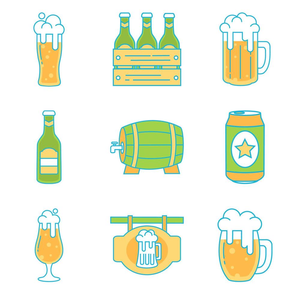 lindo, cerveza, iconos, conjunto vector