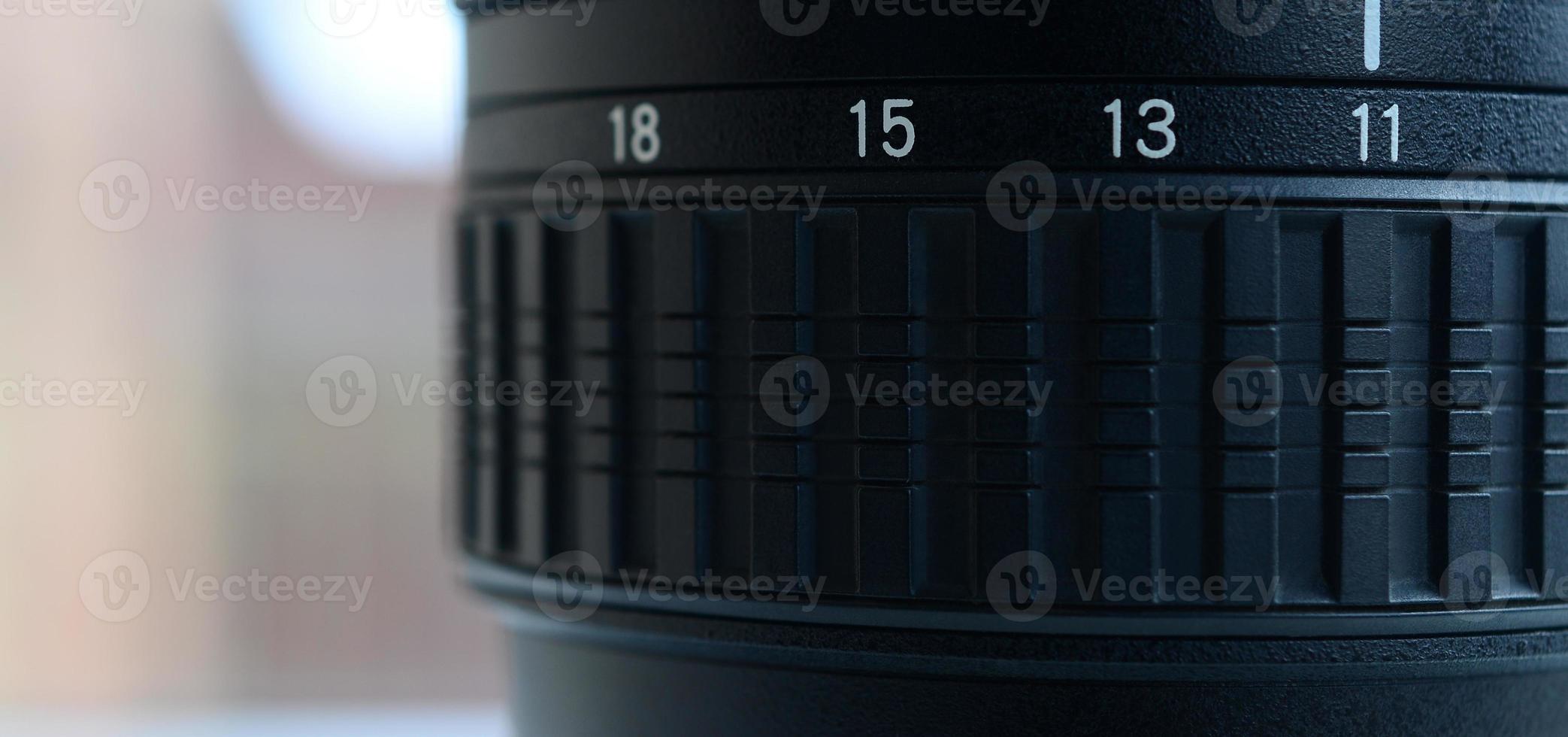 Fragment of a wide angle zoom lens for a modern SLR camera. The set of distance values is indicated by white numbers on the black body photo