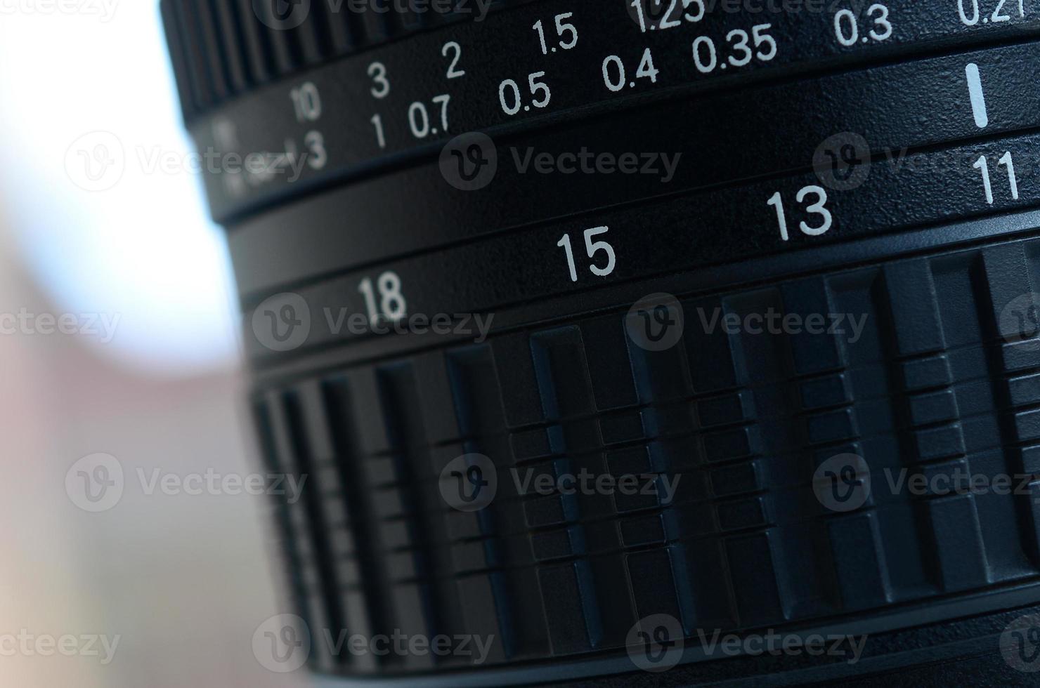 Fragment of a wide angle zoom lens for a modern SLR camera. The set of distance values is indicated by white numbers on the black body photo