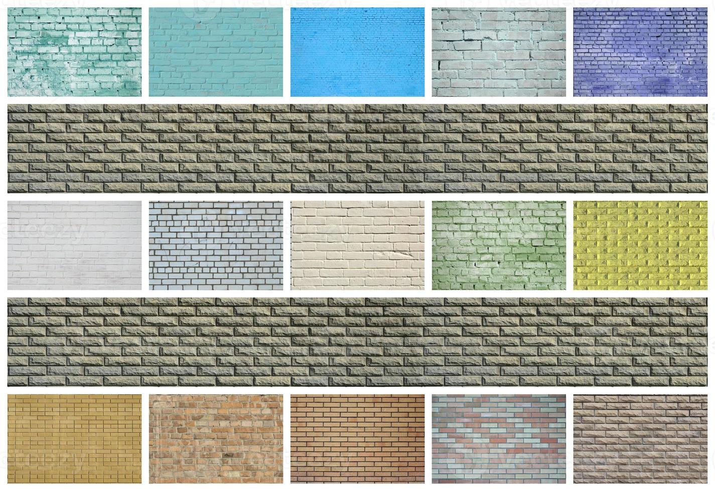 A collage of many pictures with fragments of brick walls of different colors close-up. Set of images with varieties of brickwork photo