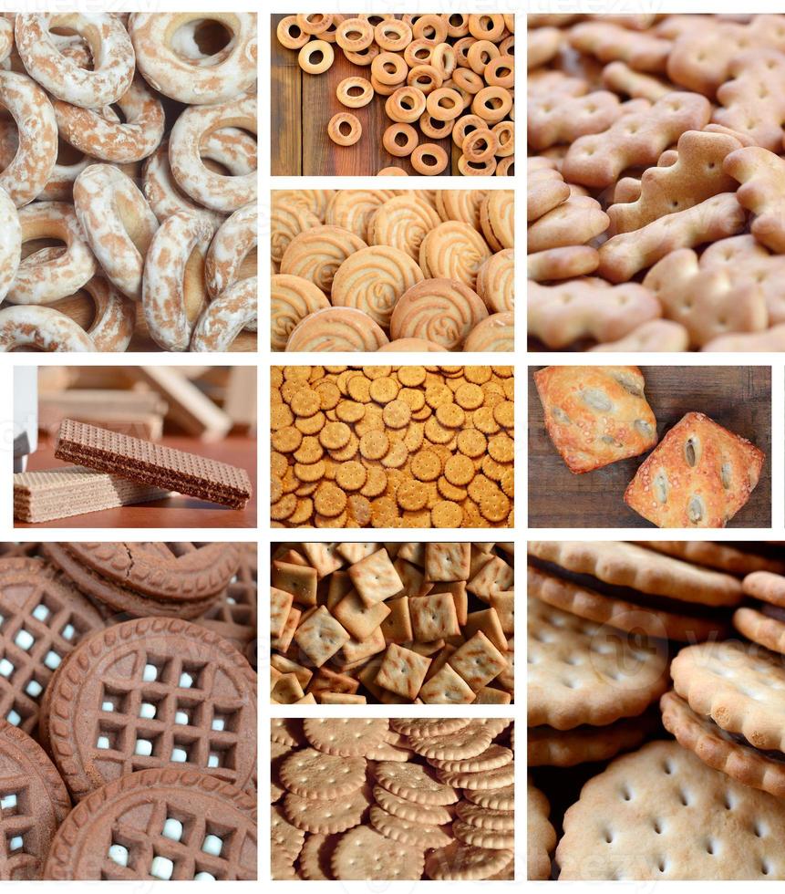 A collage of many pictures with various sweets close-up. A set of images with varieties of biscuits, bagels and candies photo