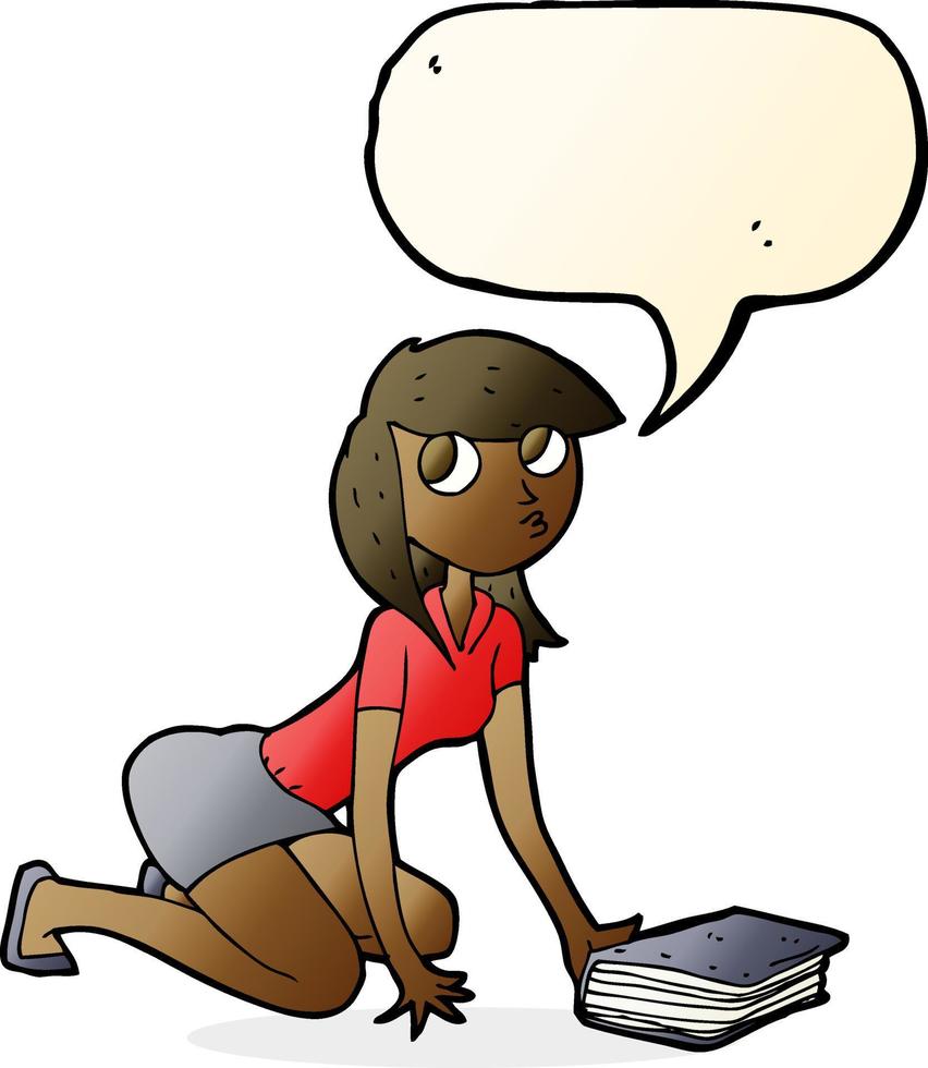cartoon girl picking up book with speech bubble vector