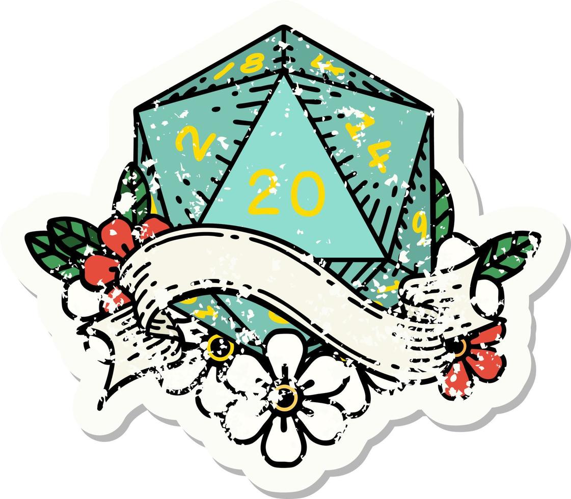 natural twenty D20 dice roll grunge sticker vector