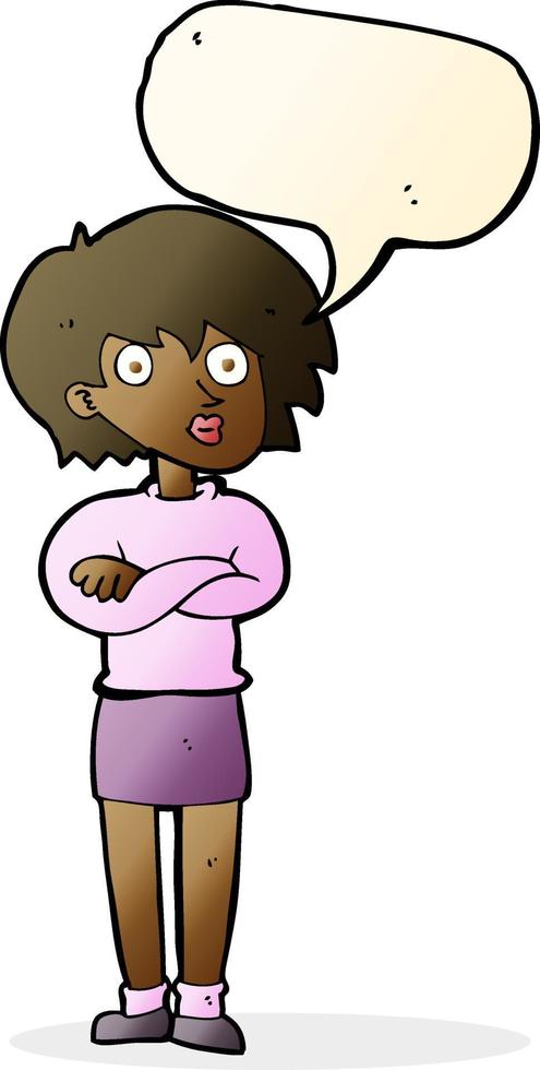 cartoon woman wit crossed arms with speech bubble vector