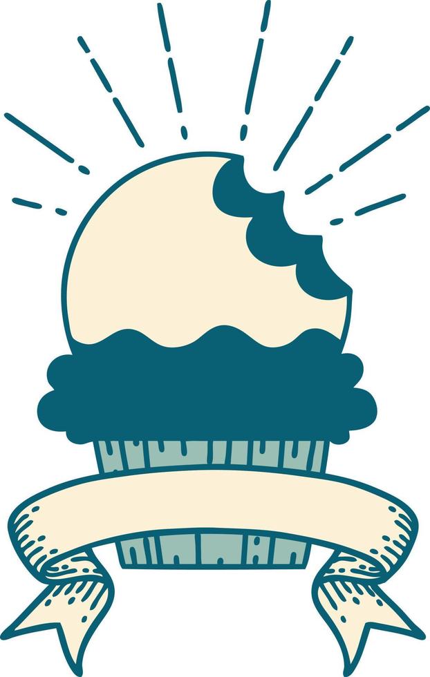 banner with tattoo style cupcake with missing bite vector