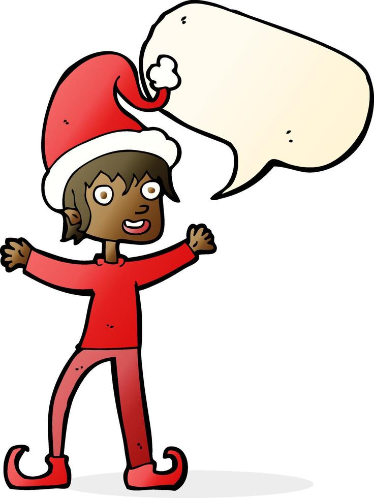 cartoon excited christmas elf with speech bubble vector