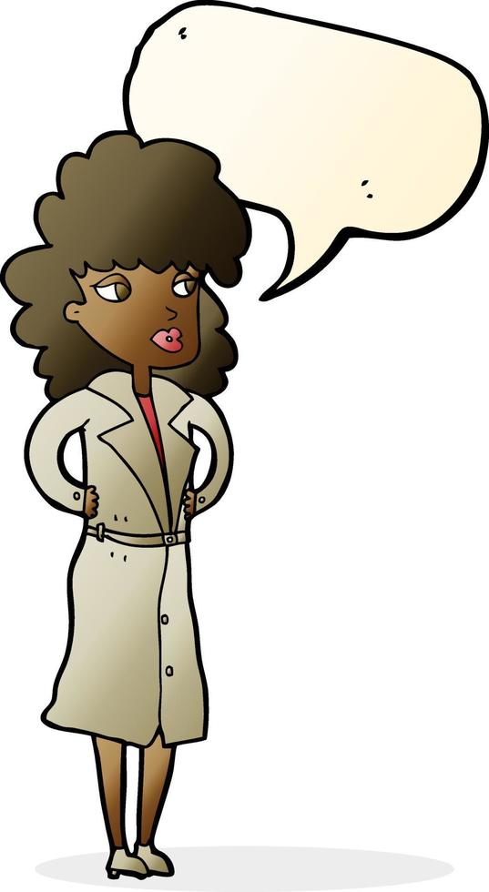 cartoon woman in trench coat with speech bubble vector