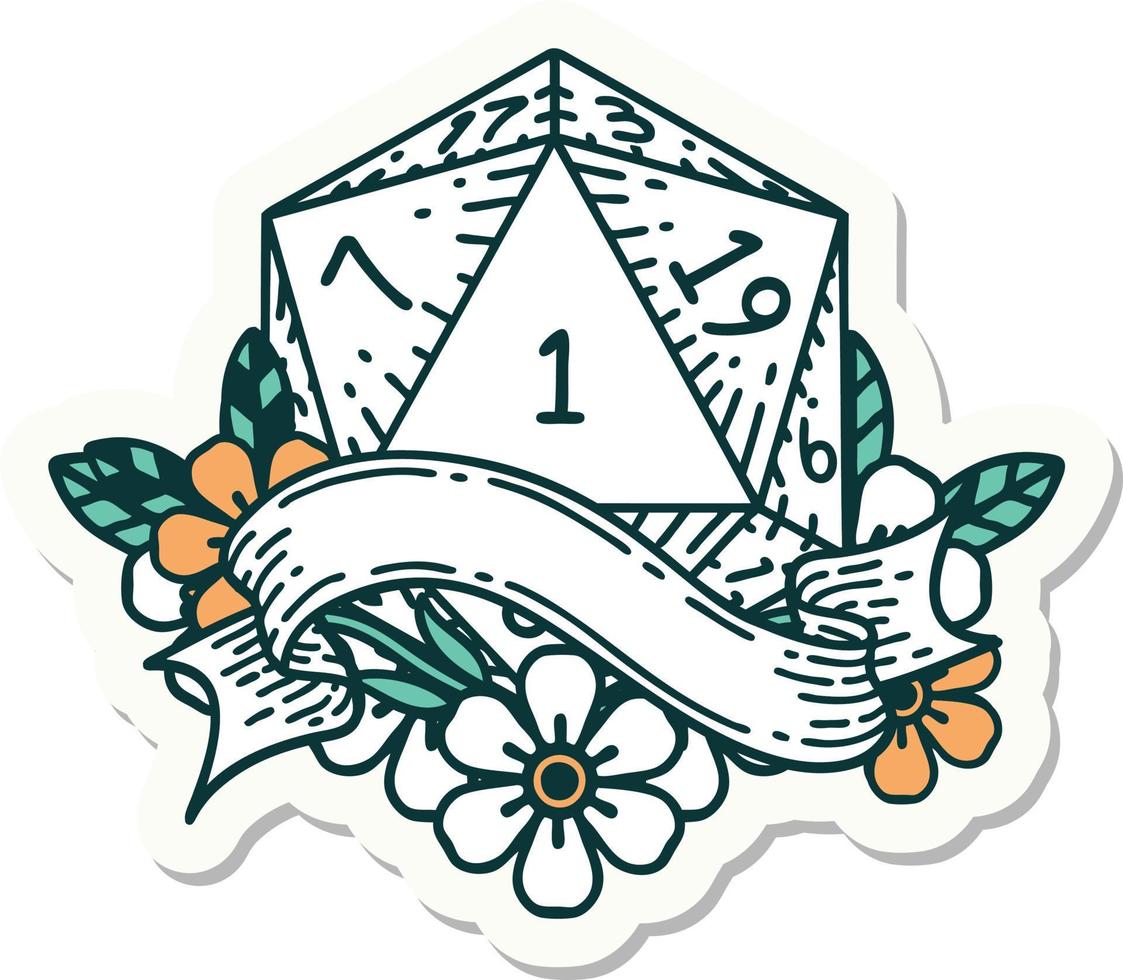 natural one d20 dice roll sticker vector