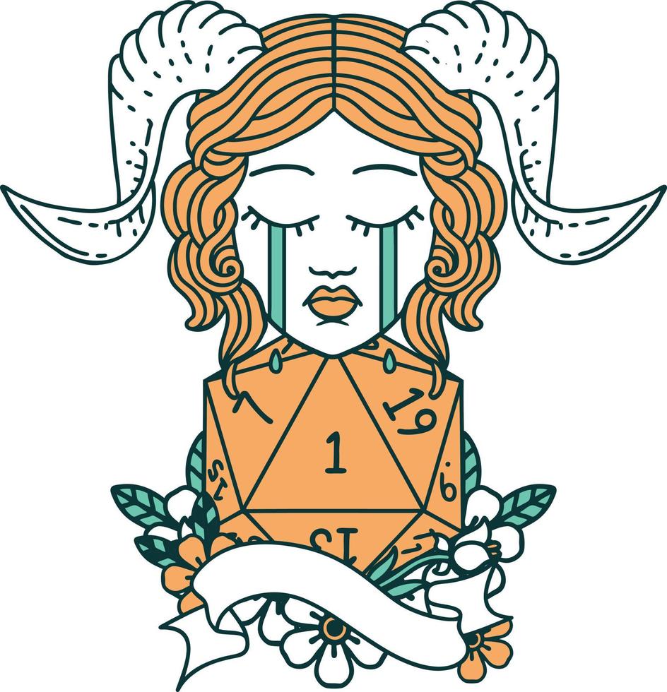 crying tiefling with natural one D20 roll illustration vector