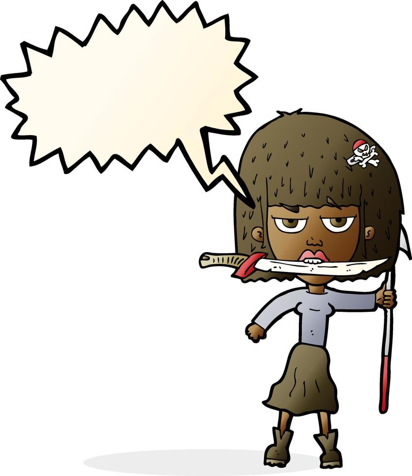 cartoon woman with knife and harpoon with speech bubble vector