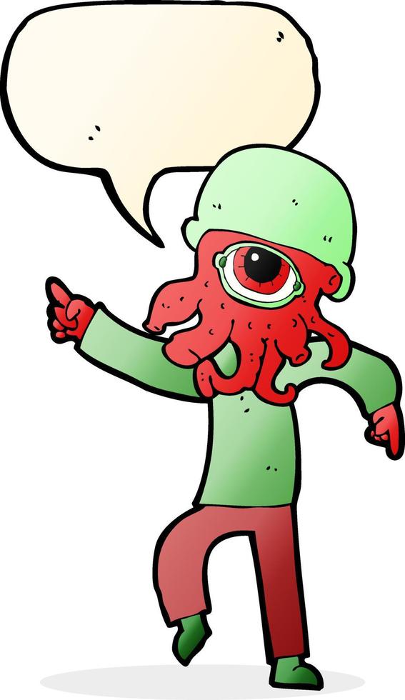 caricatura, alien, hombre, bailando, con, burbuja del discurso vector