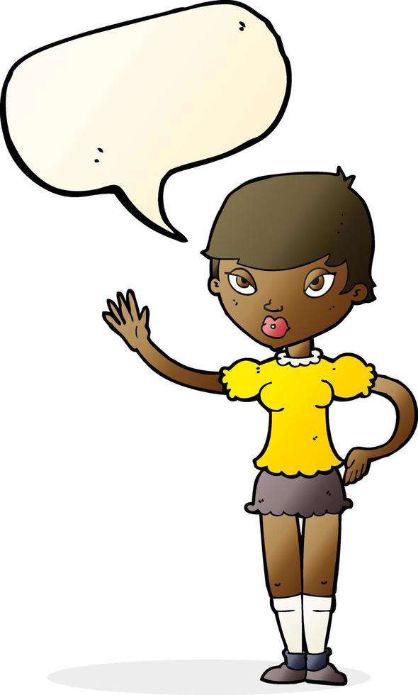 cartoon woman waving with speech bubble vector