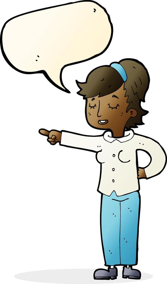 cartoon friendly woman pointing with speech bubble vector