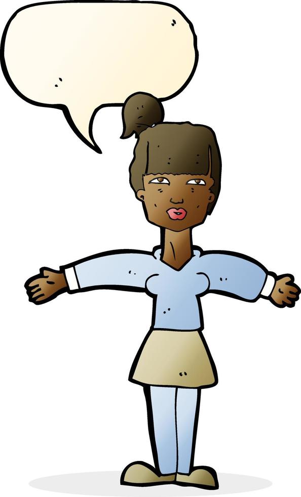 cartoon woman shrugging shoulders with speech bubble vector