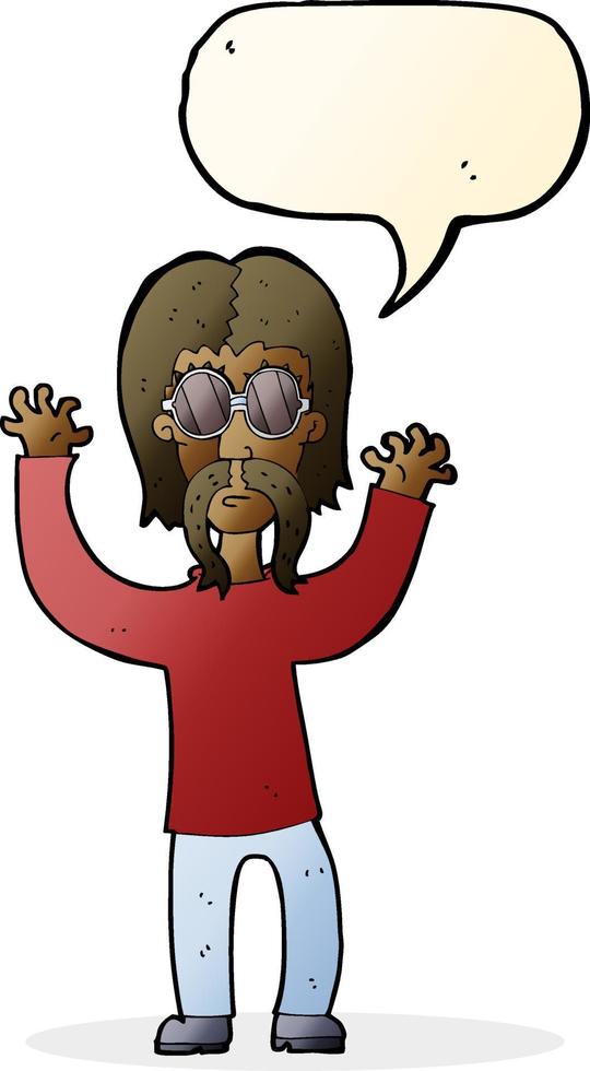 cartoon hippie man waving arms with speech bubble vector
