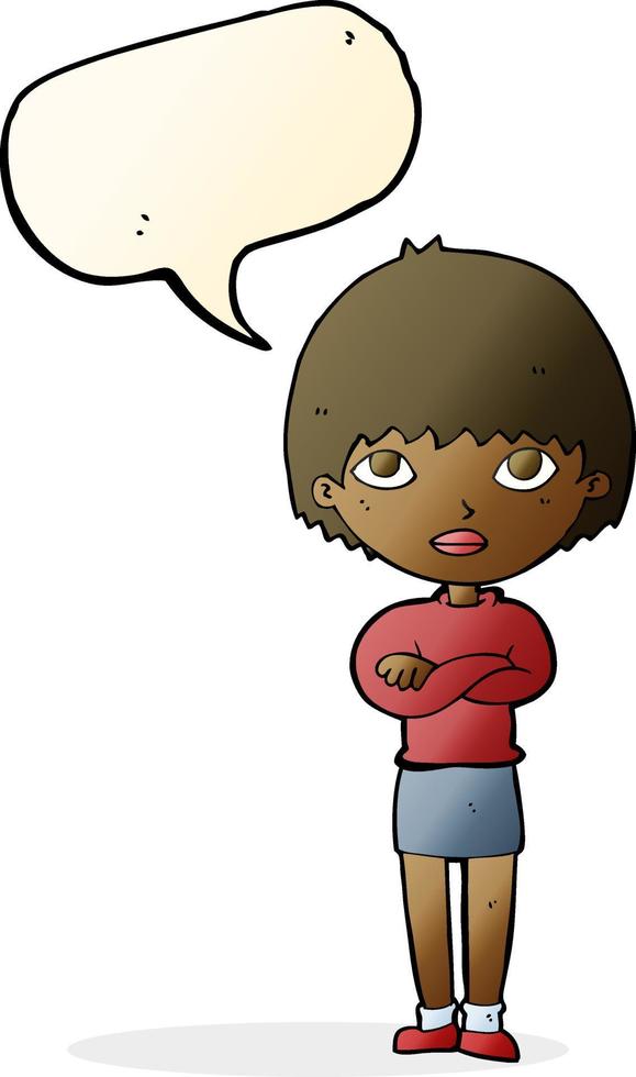 cartoon woman with crossed arms with speech bubble vector