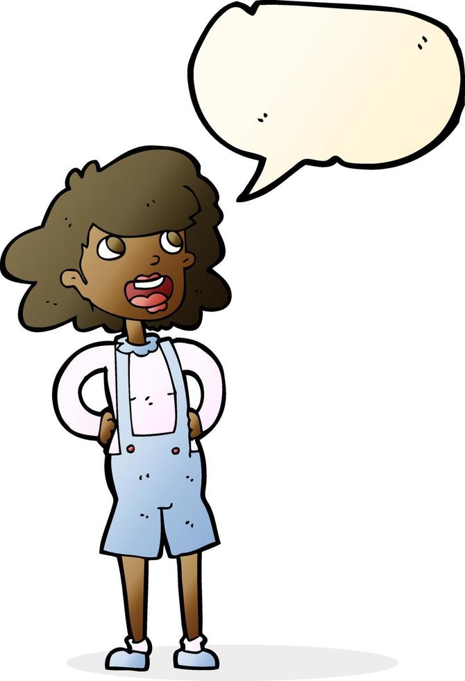 cartoon woman in dungarees with speech bubble vector