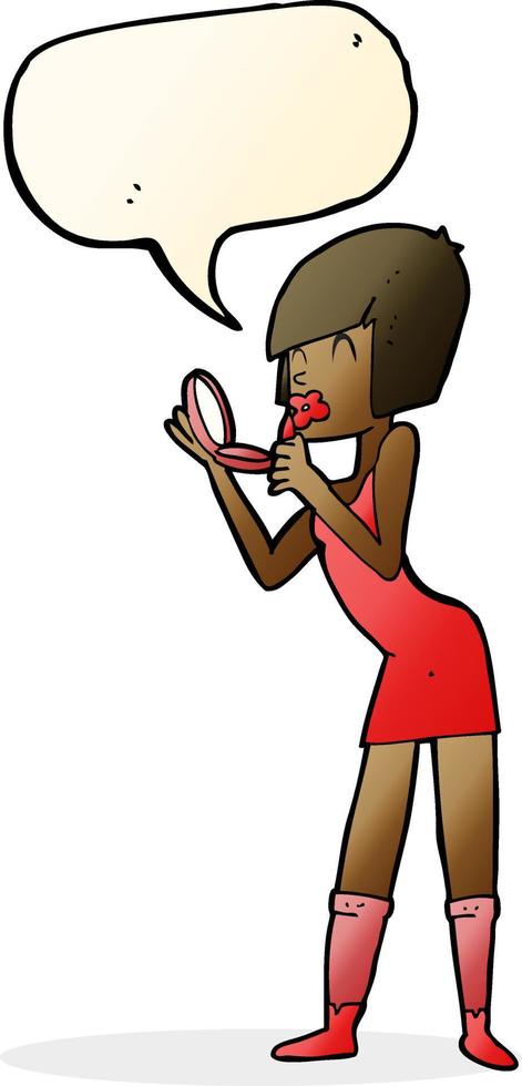 cartoon woman applying lipstick with speech bubble vector