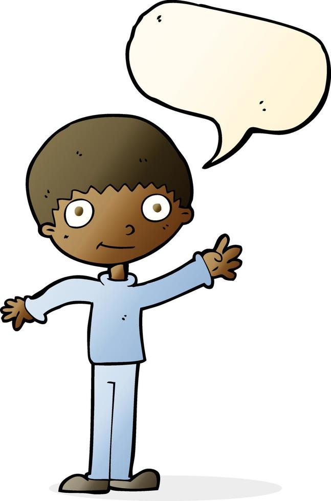 cartoon happy waving boy with speech bubble vector