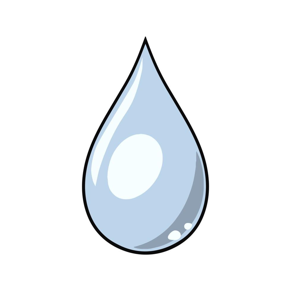 A large elongated drop of water, splashes, vector illustration in cartoon style on a white background