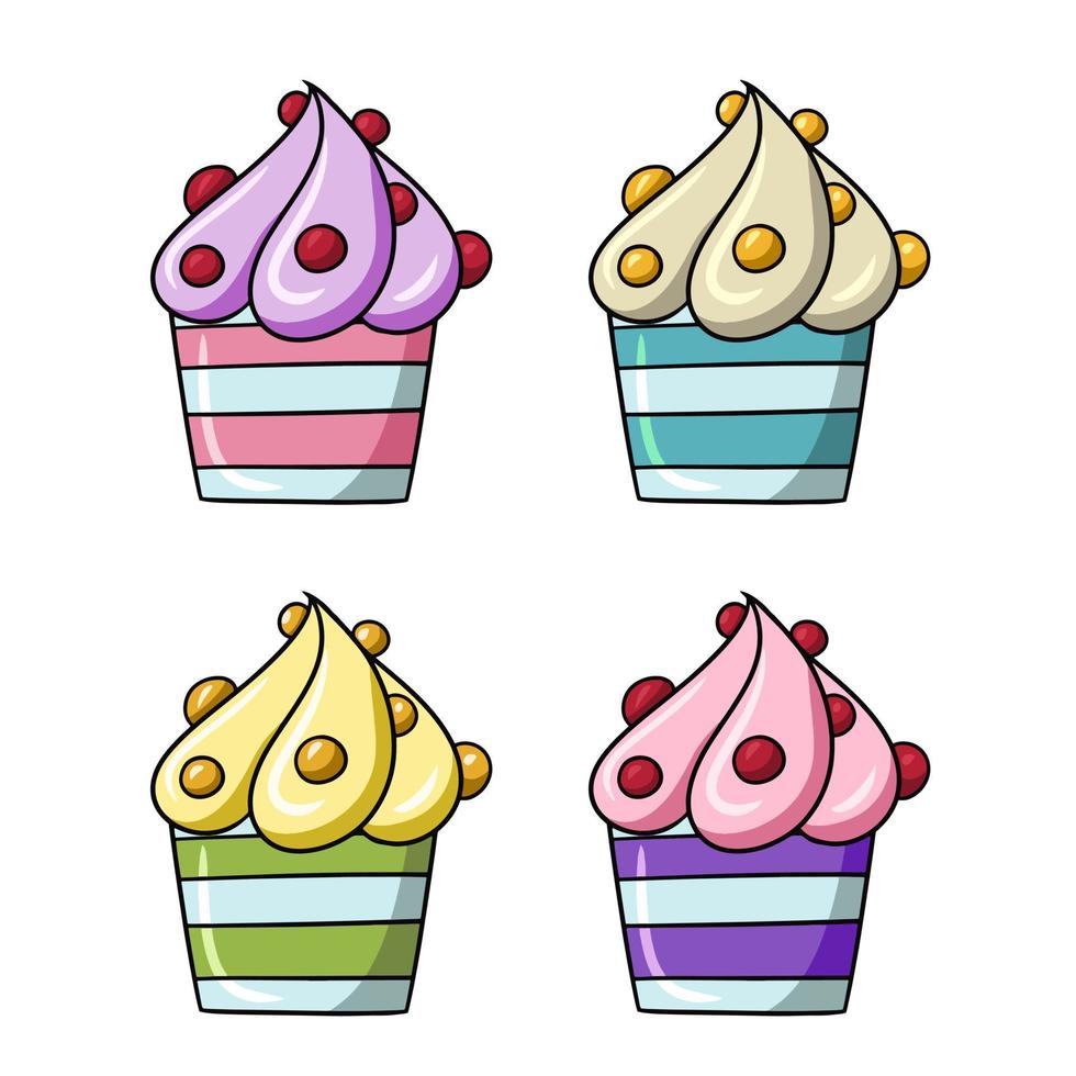 A set of colored icons. Delicious cupcake with sweet delicate cream and berries, vector illustration in cartoon style on a white background