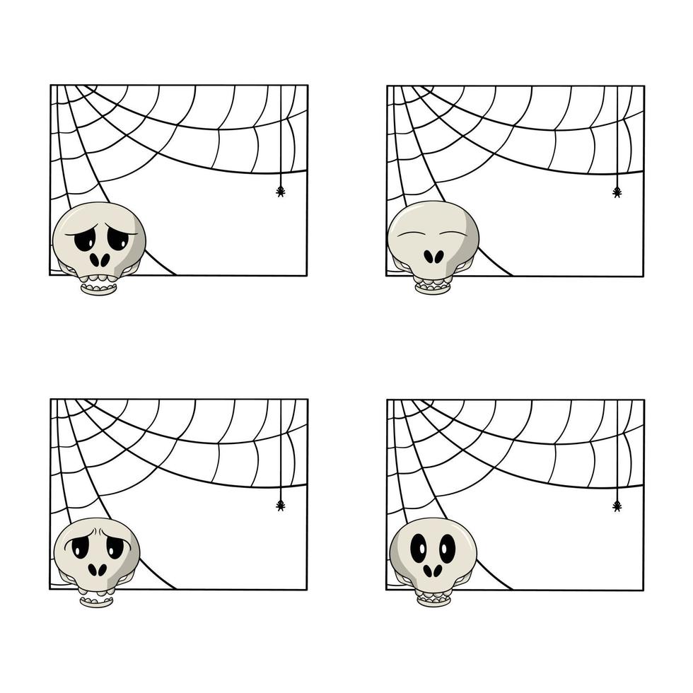 A set of square frames with a spider web and a small spider, different skull emotions, copy space, vector illustration in cartoon style