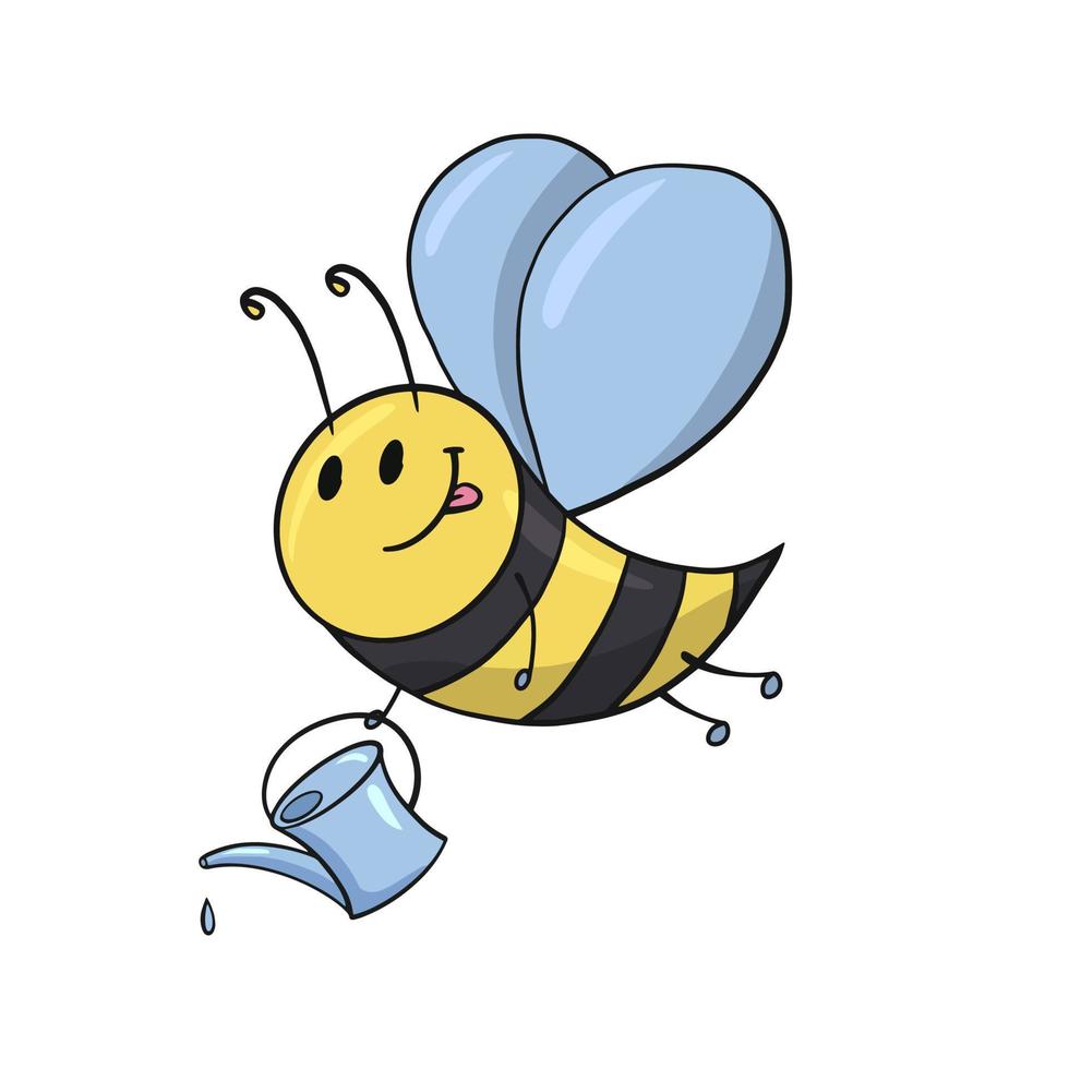 Cute bee with a small watering can, bee watering plants, vector illustration in cartoon style on a white background