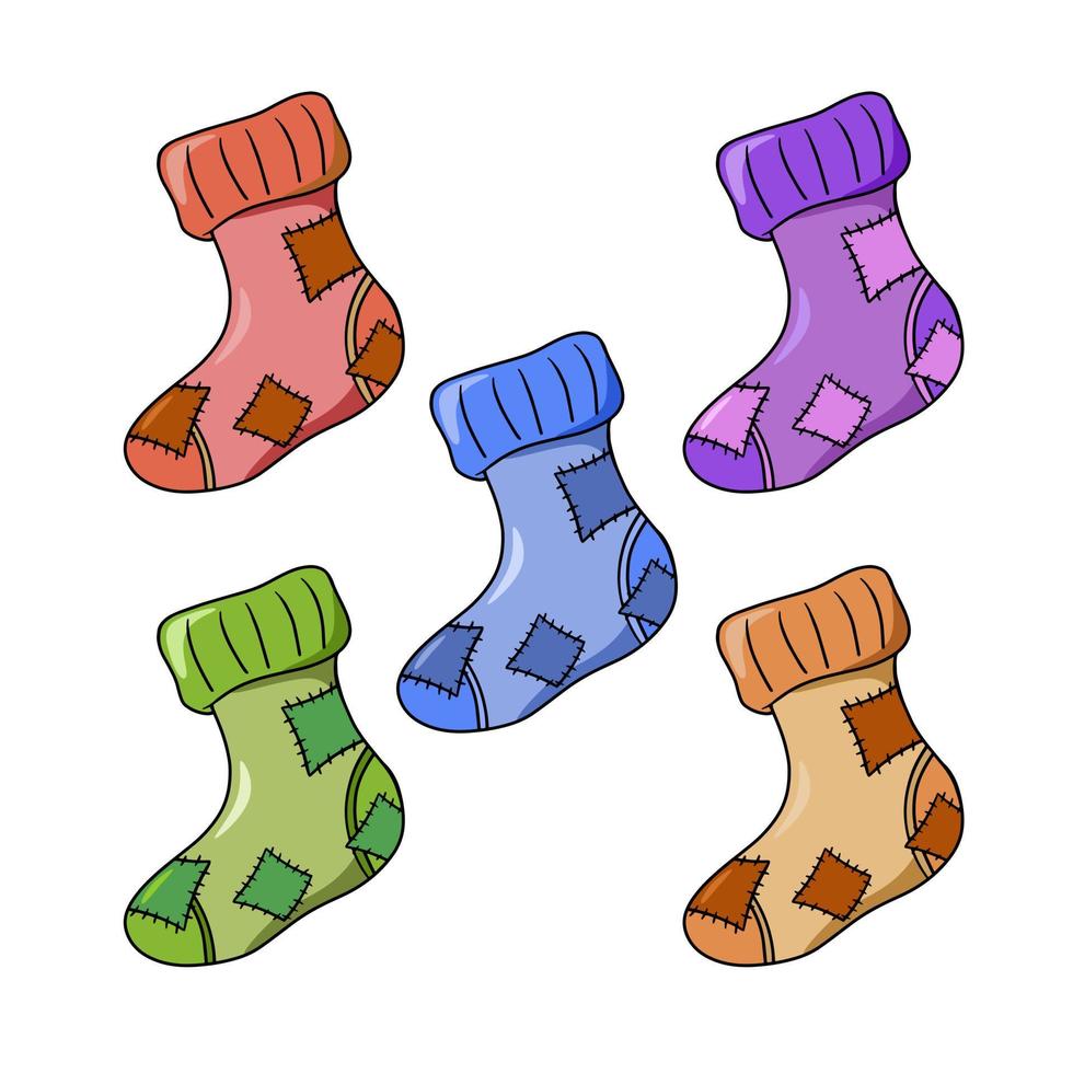 A set of colored icons, old warm knitted socks with a pattern, leaky socks, patches, vector illustration in cartoon style on a white background