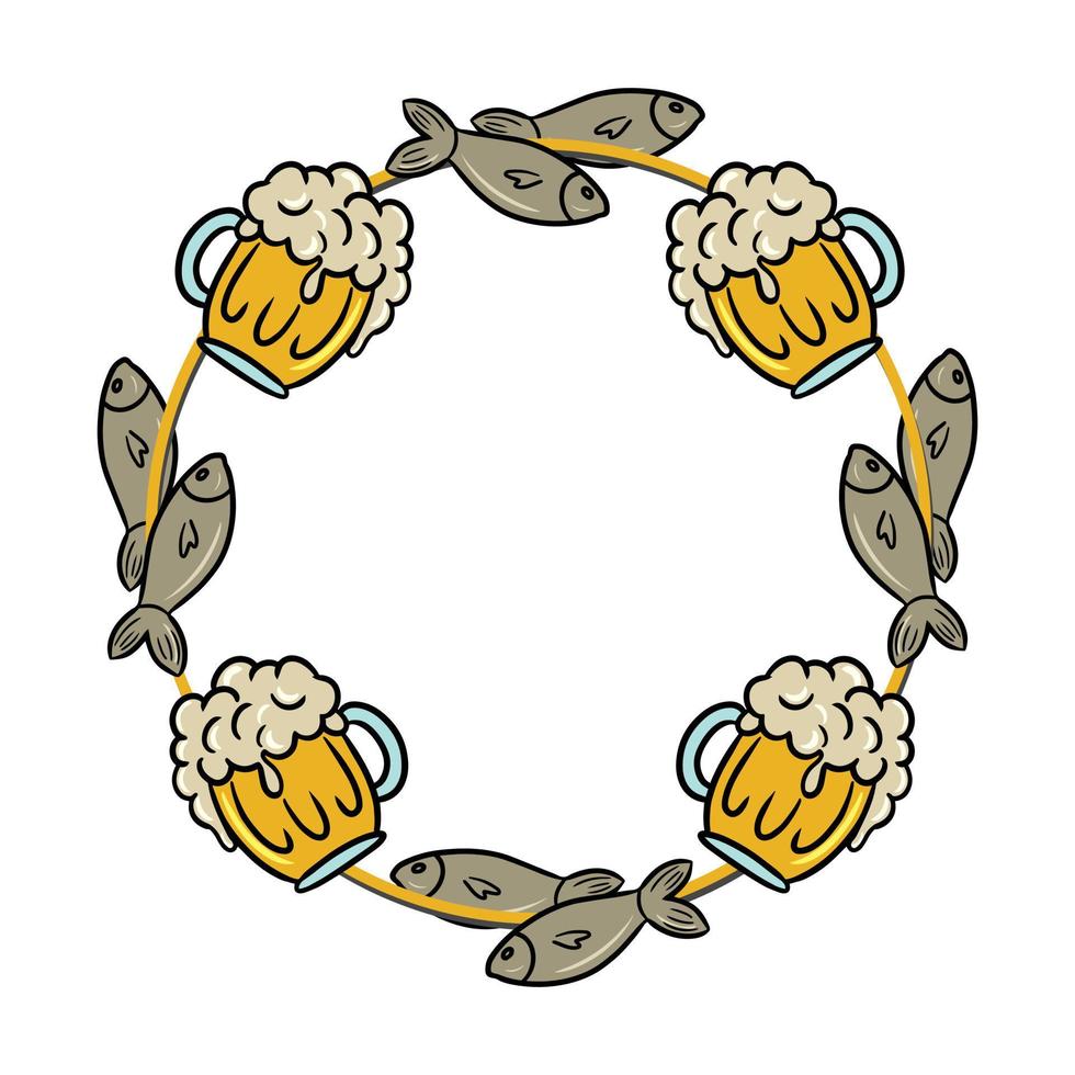 tazón de vidrio con bebida de espuma, cerveza y pescado salado, marco amarillo redondo, espacio de copia, ilustración vectorial en estilo de dibujos animados sobre un fondo blanco vector