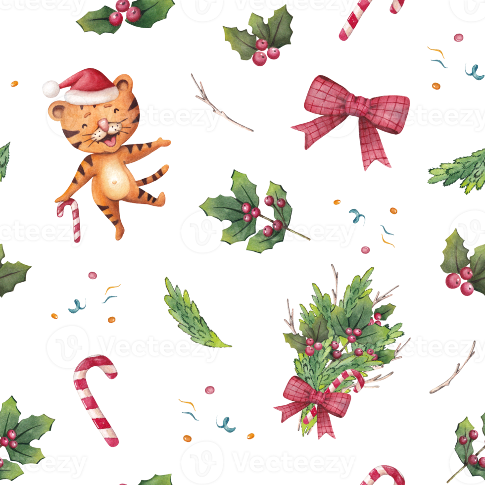 Watercolor seamless christmas pattern with tigers, fir trees, candy cane and holly png