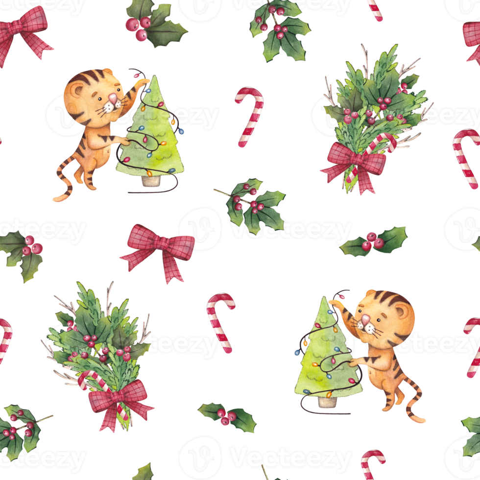 Watercolor seamless christmas pattern with tigers, christmas trees, candy canes and holly png
