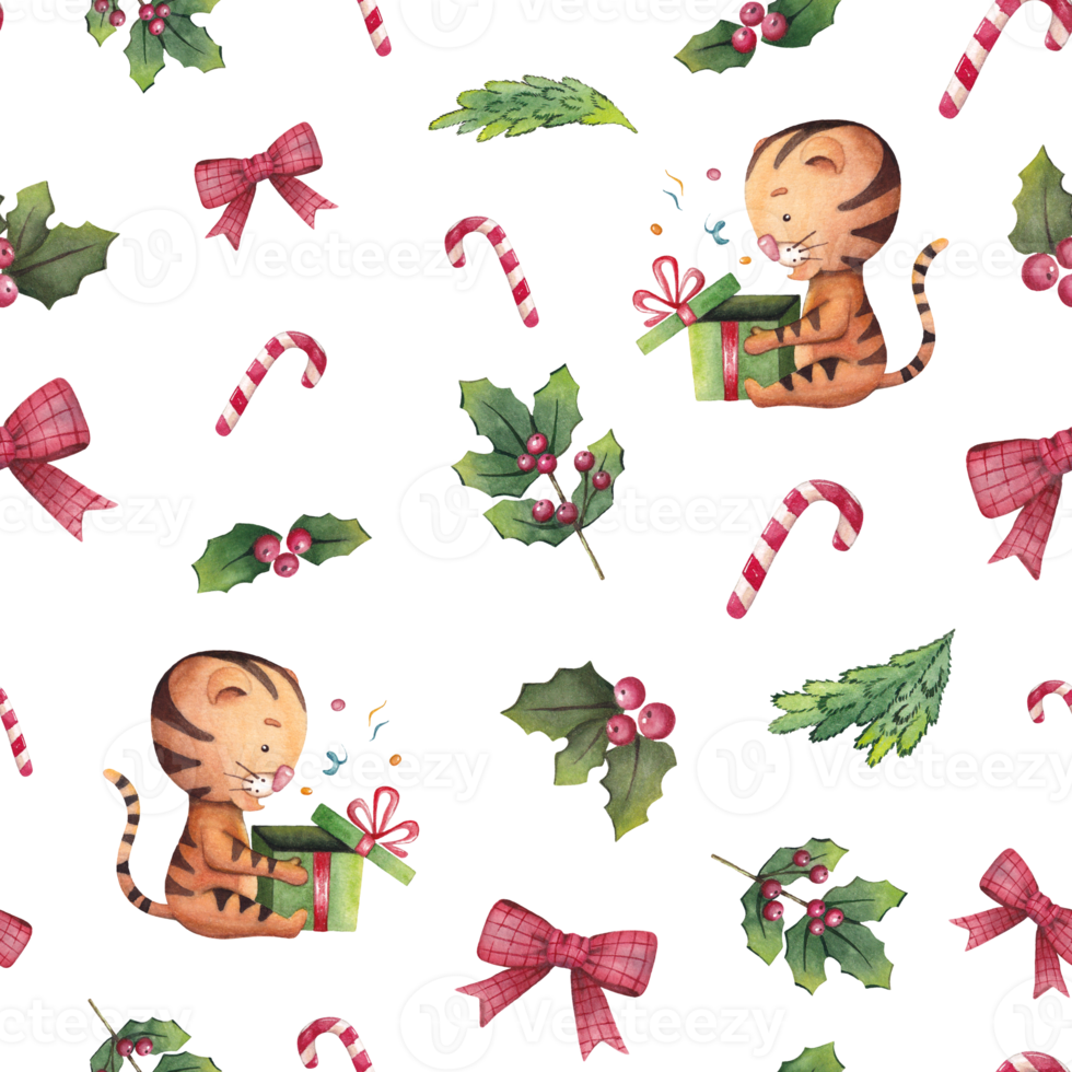 Watercolor seamless christmas pattern with tigers opening a gift, fir trees, bows, lollipops and holly png