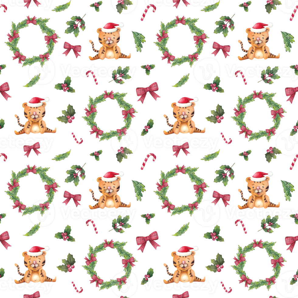 Watercolor seamless christmas pattern with tigers, fir trees, candy cane and holly png