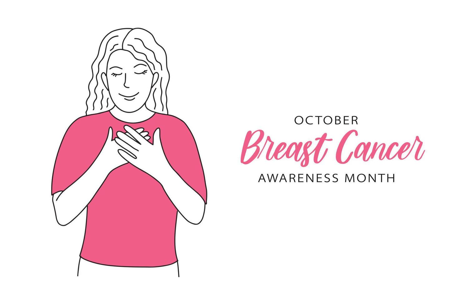 Breast Cancer Awareness Month October banner Happy confident woman with hands on chest, closed eyes, grateful gesture. Vector hand drawn style simple contour line drawing of female cancer oncology