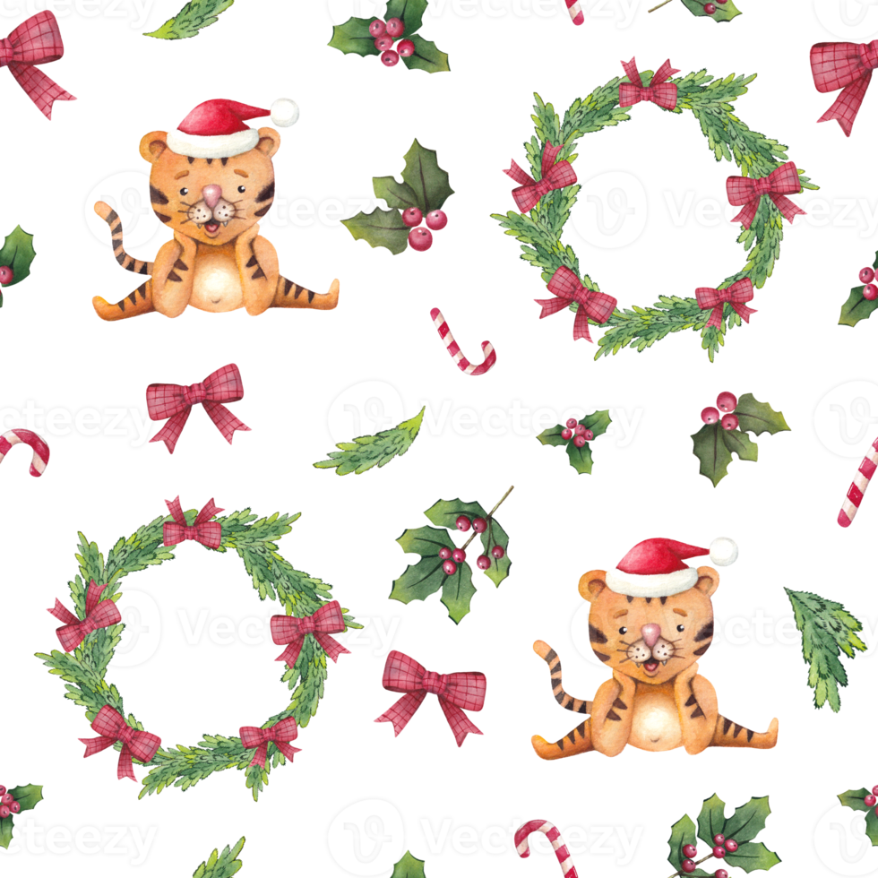 Watercolor seamless christmas pattern with tigers, santa hat, wreaths, fir trees, candy canes and holly png