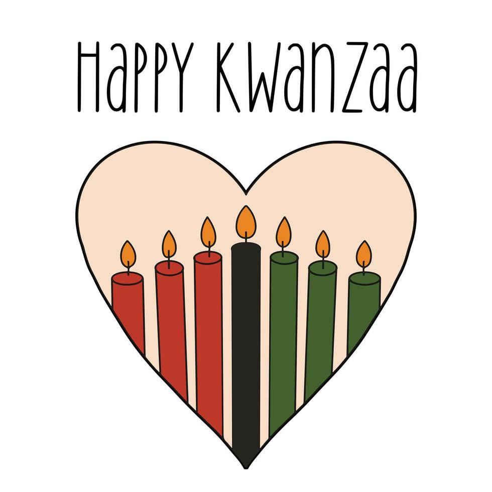 Happy Kwanzaa cute greeting card with seven candles in heart shape. Vector green, red, black burning candles. African American ethnic heritage festival holiday celebration