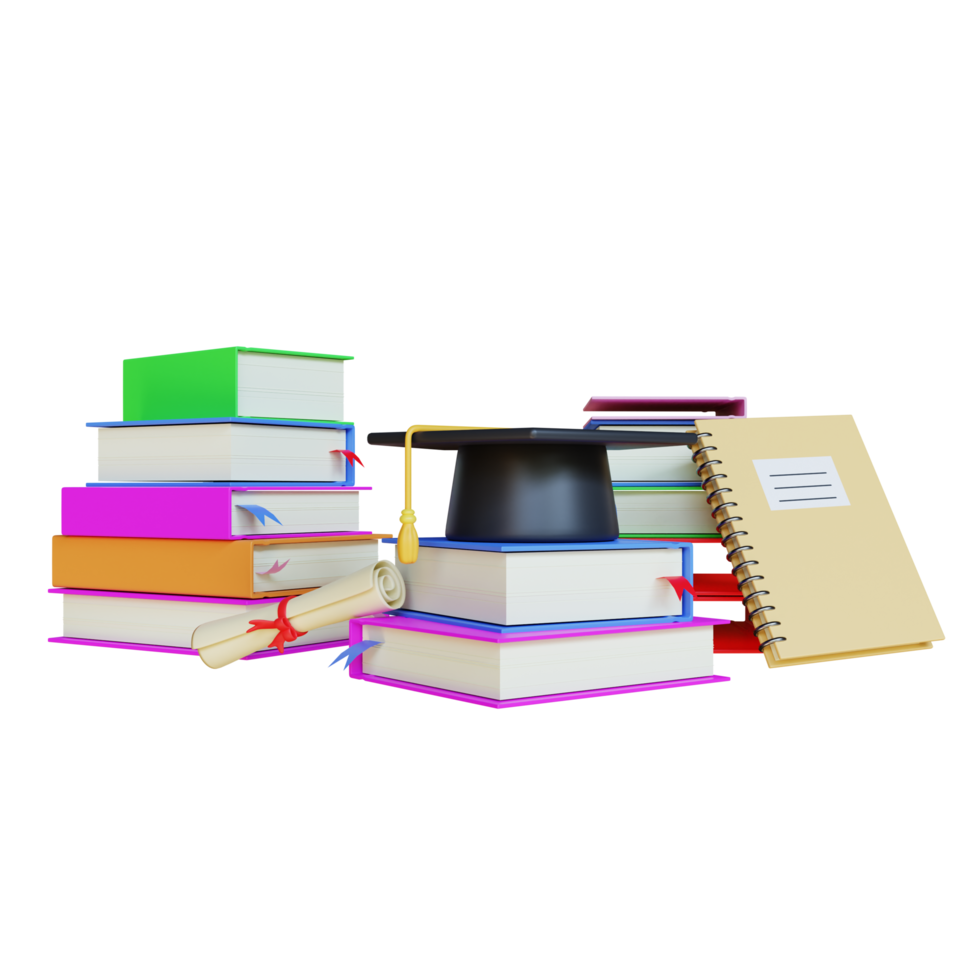 3d render graduate education with book and hat png