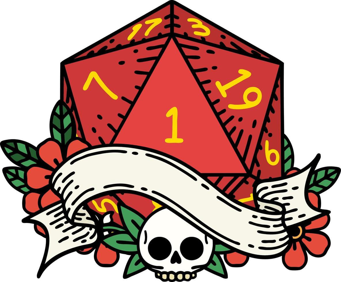 natural one d20 dice roll illustration vector