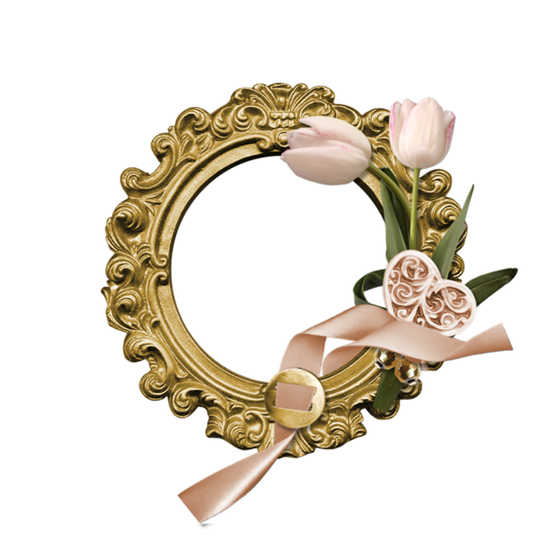 Golden Emboss Photo Frame Circle with Flower, Heart and Ribbon 12300602 PNG