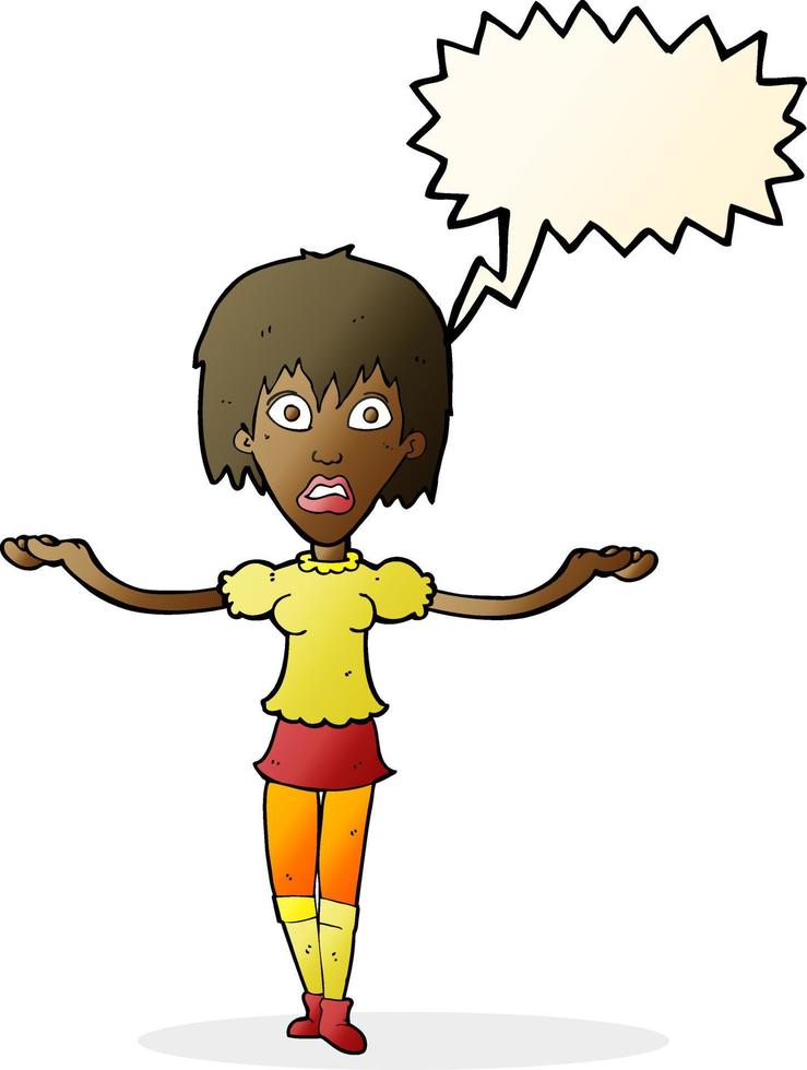 cartoon woman shrugging shoulders with speech bubble vector