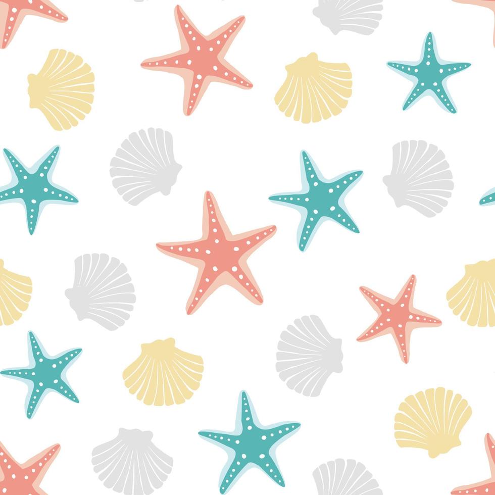 Seamless pattern of seashells and starfish. Concept of ocean flora and fauna, marine and underwater life, summertime. Seashells Seamless pattern. Composition of scallop and starfish background. vector