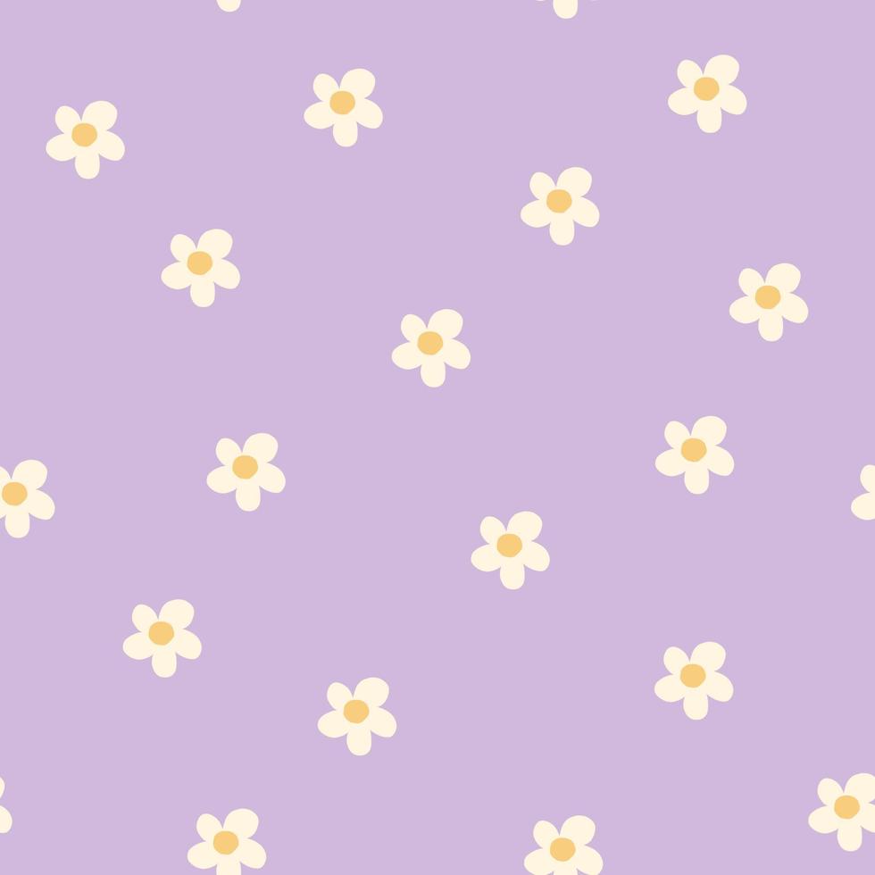 Floral seamless pattern with purple daisy flower and leaves on pastel violet background vector illustration.