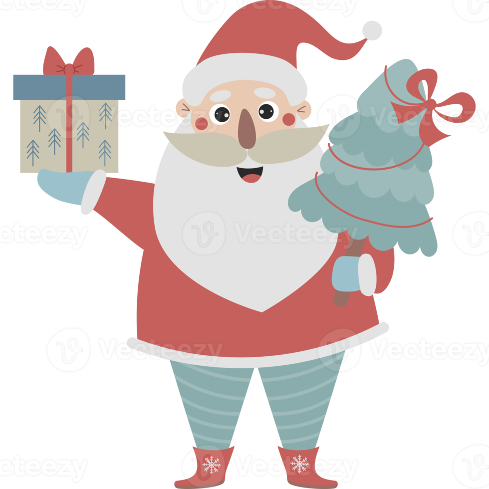 Cute Santa Claus with gift and Christmas tree png