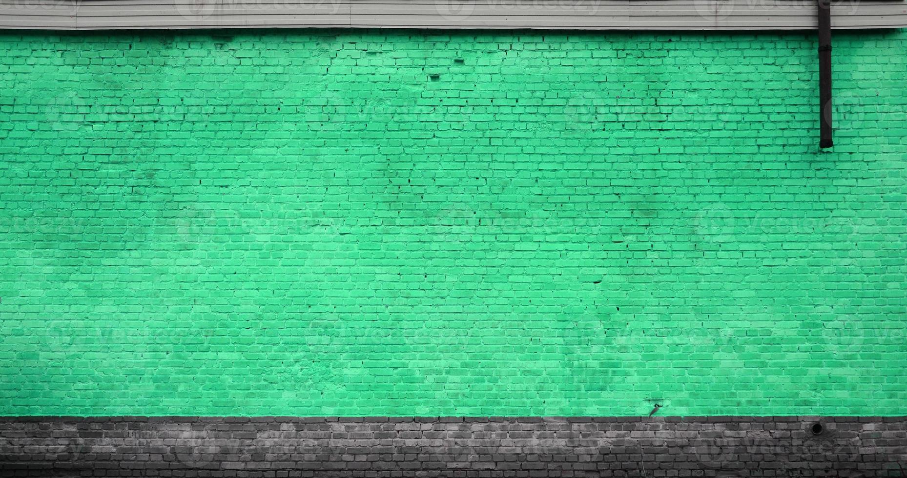 The texture of the brick wall of many rows of bricks painted in green color photo