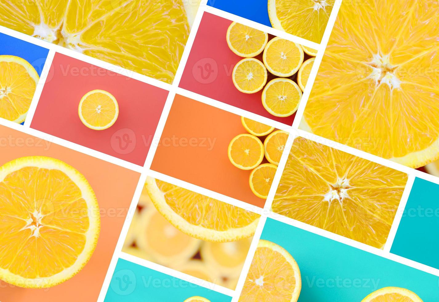 A collage of many pictures with juicy oranges. Set of images with fruits and different colors photo