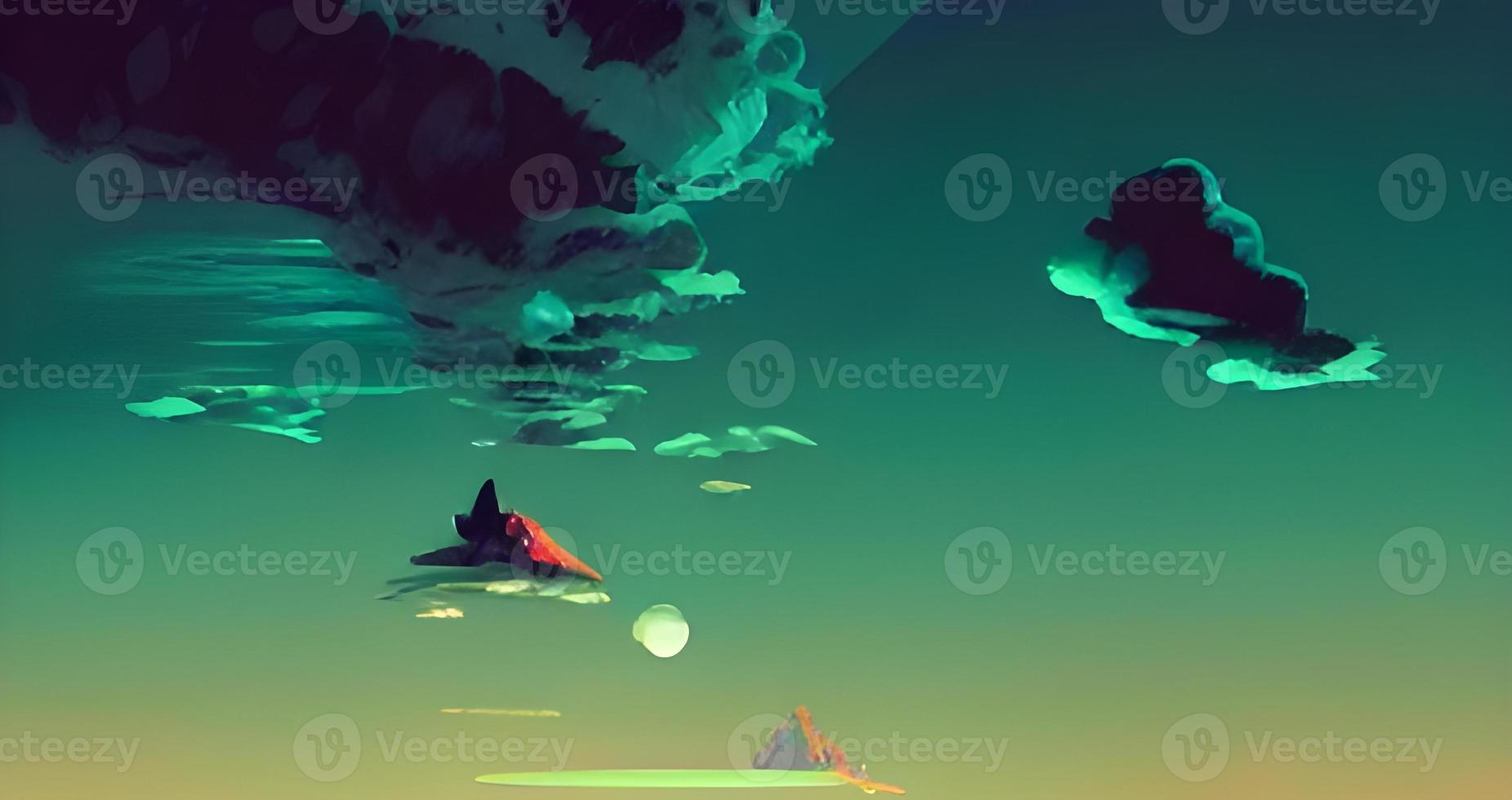 Space game background, night alien fantasy landscape with flying rocks, planets in dark starry sky. Extraterrestrial glowing liquid plasma spots in cracked land surface, Cartoon photo
